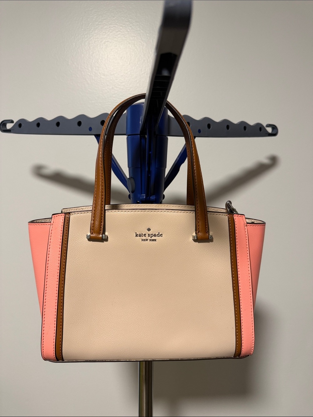 Kate Spade Cream, Peach & Brown Leather Satchel with crossbody strap
